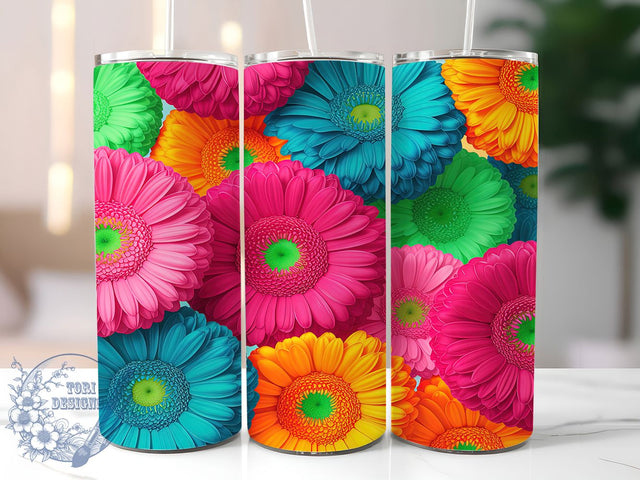 Neon Vivid Daisy Floral Tumbler, Vivid Floral Pattern, Bright Glow Design, 20Oz Sublimation Wrap, Artistic Flower Art, Colorful Bloom Texture, Tumbler Sublimation Sublimation ToriDesigns 