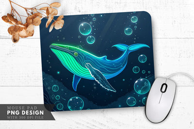 Neon Whale in Dark Ocean with Glowing Bubbles Mouse Pad Design Sublimation Regulrcrative 