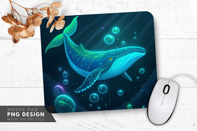 Neon Whale in Dark Ocean with Glowing Bubbles Mouse Pad Design Sublimation Regulrcrative 