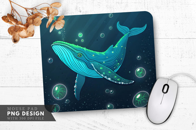 Neon Whale in Dark Ocean with Glowing Bubbles Mouse Pad Design Sublimation Regulrcrative 