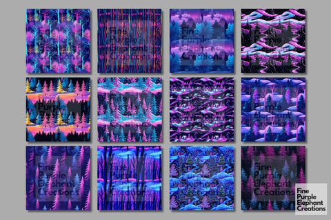 Neon Winter Forest Digital Paper | Florescent Psychedelic Blacklight Sublimation Digital Pattern Fine Purple Elephant Creations 