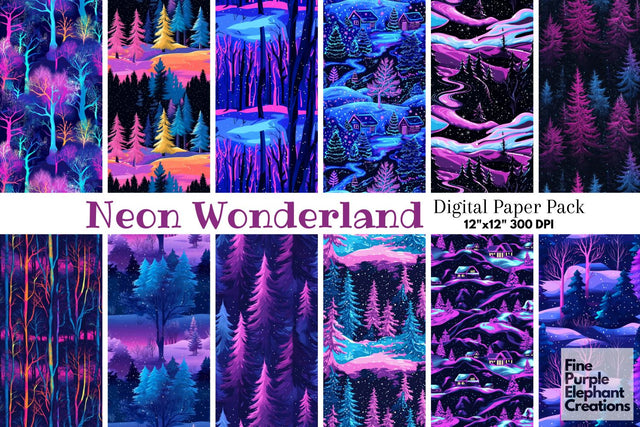 Neon Winter Forest Digital Paper | Florescent Psychedelic Blacklight Sublimation Digital Pattern Fine Purple Elephant Creations 