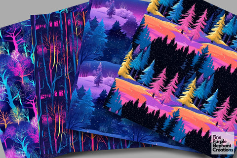 Neon Winter Forest Digital Paper | Florescent Psychedelic Blacklight Sublimation Digital Pattern Fine Purple Elephant Creations 