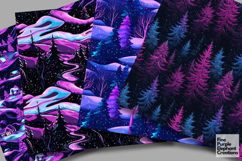 Neon Winter Forest Digital Paper | Florescent Psychedelic Blacklight Sublimation Digital Pattern Fine Purple Elephant Creations 