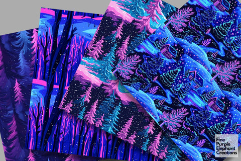 Neon Winter Forest Digital Paper | Florescent Psychedelic Blacklight Sublimation Digital Pattern Fine Purple Elephant Creations 