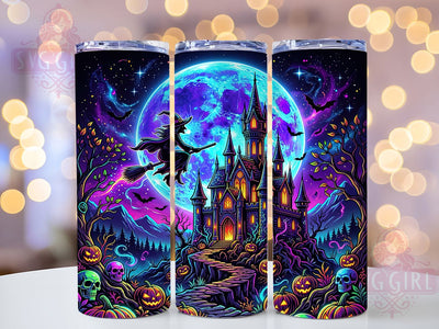 Neon Witch Castle 20oz Tumbler, Glowing Castle, Witch Art, Halloween Theme, Vibrant Colors, Spooky Architecture, Mystical Night, Sublimation Wrap Sublimation SvggirlplusArt 