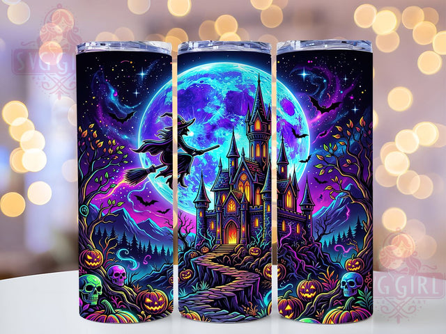 Neon Witch Castle 20oz Tumbler, Glowing Castle, Witch Art, Halloween Theme, Vibrant Colors, Spooky Architecture, Mystical Night, Sublimation Wrap Sublimation SvggirlplusArt 