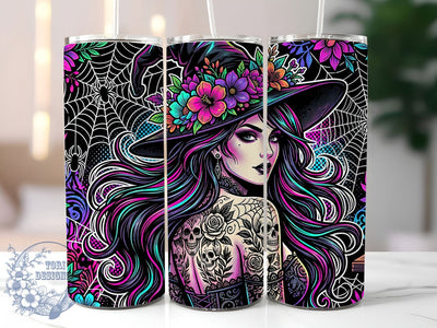Neon Witch Skull 20oz Tumbler, Witch Motif, Skull Design, Neon Theme, Halloween Style, Spooky Charm, 20oz Wrap, Sublimation Tumbler Sublimation ToriDesigns 
