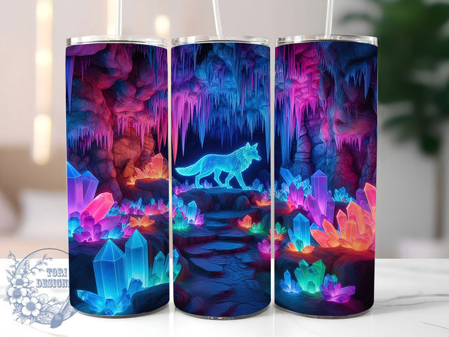 Neon Wolf Crystal Cave Tumbler Wrap, Crystal Cave Tumbler, 20oz Tumbler Wrap, Sublimation Wolf, Fantasy Animal Tumbler, Glowing Wolf Design, Digital Tumbler Art Sublimation ToriDesigns 