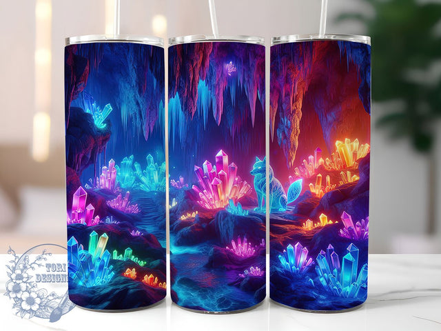 Neon Wolf Crystal Cave Tumbler Wrap, Crystal Cave Tumbler, 20oz Tumbler Wrap, Sublimation Wolf, Fantasy Animal Tumbler, Glowing Wolf Design, Digital Tumbler Art Sublimation ToriDesigns 