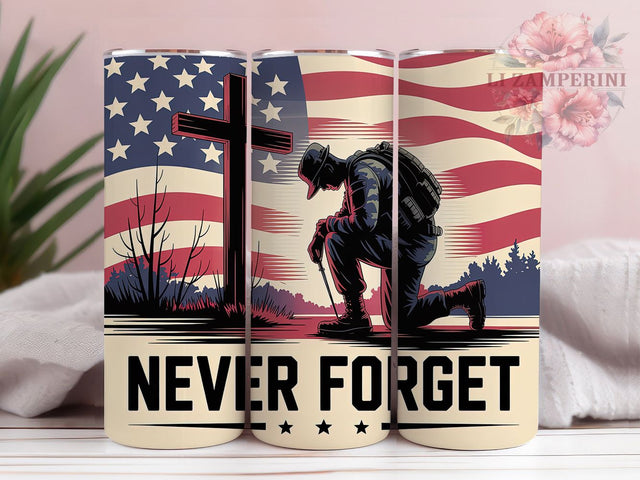 Never Forget Tribute 20oz Tumbler, Never Forget Quote, Soldier Kneeling Illustration, White Cross Memorial, Patriotic Tribute Design, Sublimation Tumbler Wrap, 20oz Tumbler Sublimation Li Zamperini 
