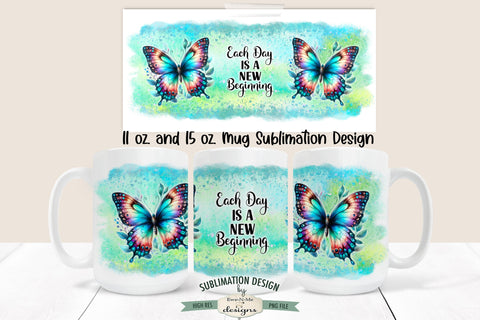 New Beginnings Blue Butterfly Sublimation Mug - 11 & 15 oz. Mug Design Sublimation Ewe-N-Me Designs 