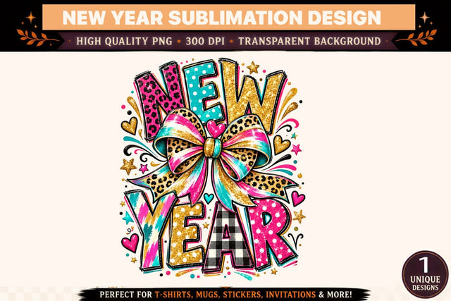 New Year PNG, Pink Teal Gold Sublimation Design, Leopard Print Bow Graphic, Colorful Retro New Year Shirt Design Sublimation BlackCatsMedia 