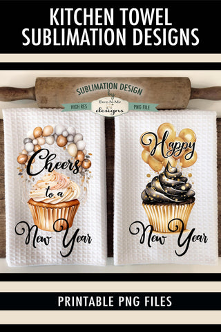 New Years Cupcakes Kitchen Towel Sublimation Designs Sublimation Ewe-N-Me Designs 