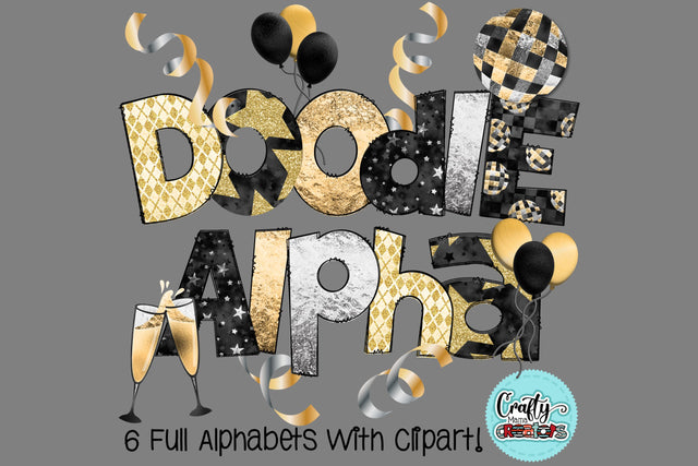 New Year's Eve Doodle Alphabet, Celebration Set With Clipart SVG Crafty Mama Studios 