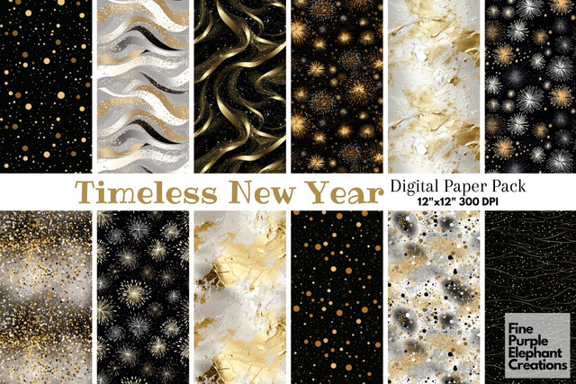 New Years Eve | Gold Silver Paper Digital Pattern Fine Purple Elephant Creations 