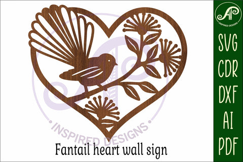 New Zealand fantail bird heart wall sign, SVG file. SVG APInspireddesigns 