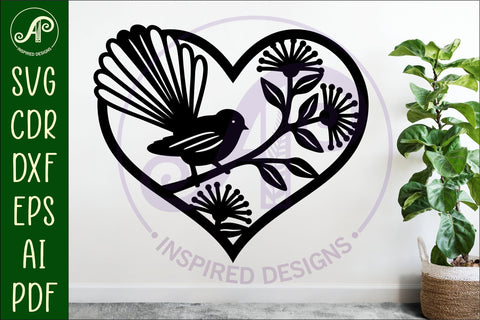 New Zealand fantail bird heart wall sign, SVG file. SVG APInspireddesigns 