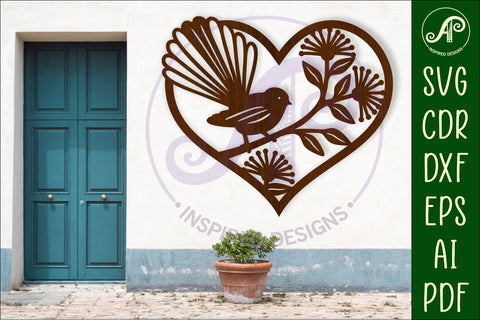 New Zealand fantail bird heart wall sign, SVG file. SVG APInspireddesigns 
