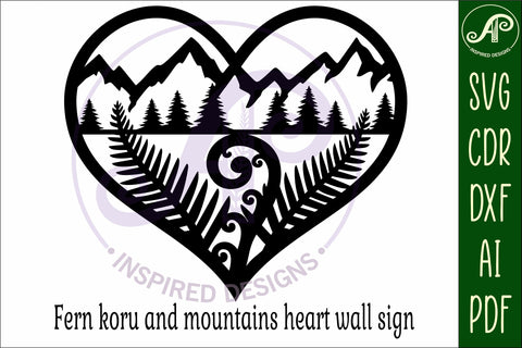 New Zealand fern and mountains heart wall sign, SVG file. SVG APInspireddesigns 