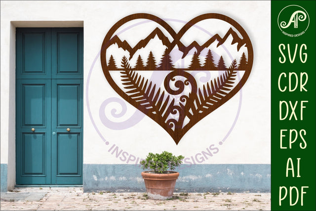 New Zealand fern and mountains heart wall sign, SVG file. SVG APInspireddesigns 