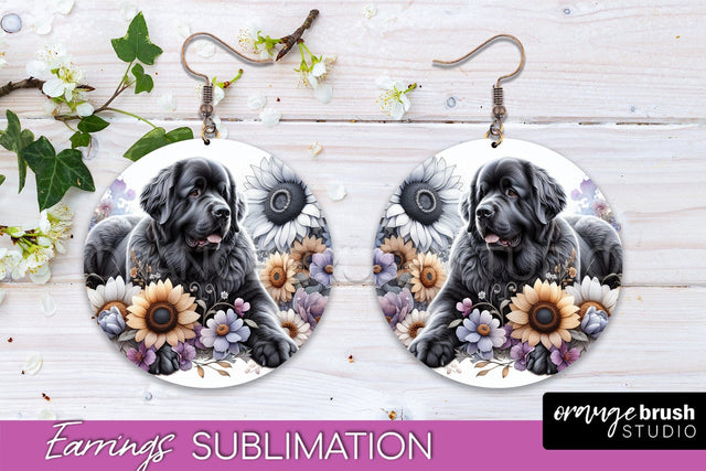 Newfoundland Earrings - Dog Mom Floral Round Earring Sublimation Sublimation OrangeBrushStudio 