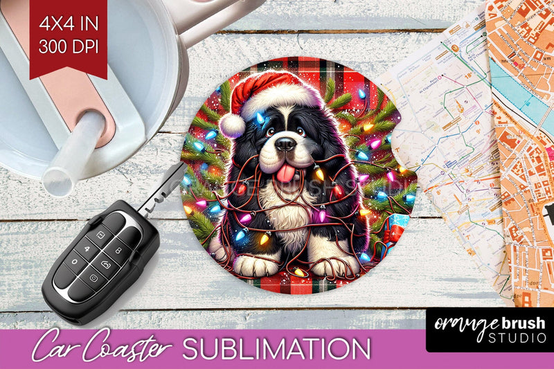 Newfoundland Funny Christmas Dog Car Coaster Sublimation OrangeBrushStudio 