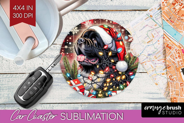Newfoundland Funny Christmas Dog Car Coaster Sublimation OrangeBrushStudio 