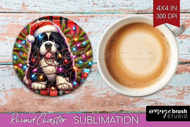 Newfoundland Funny Christmas Dog Round Coaster Sublimation OrangeBrushStudio 