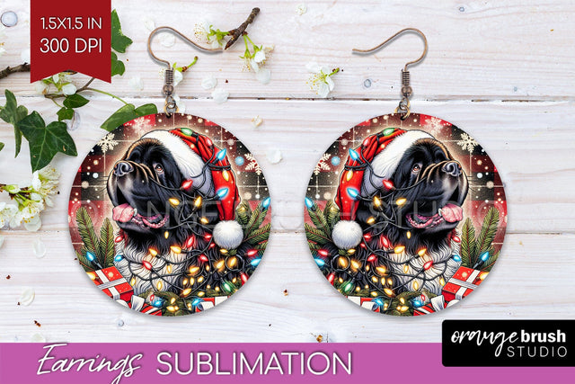 Newfoundland Funny Christmas Dog Round Earrings Sublimation OrangeBrushStudio 