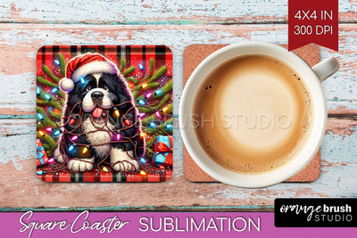 Newfoundland Funny Christmas Dog Square Coaster Sublimation OrangeBrushStudio 