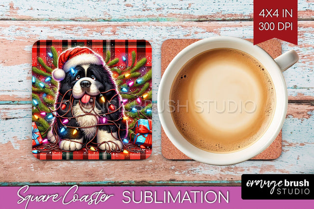 Newfoundland Funny Christmas Dog Square Coaster Sublimation OrangeBrushStudio 