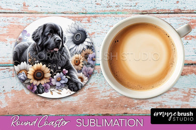 Newfoundland Round Coaster - Dog Mom Floral Coaster Sublimation Sublimation OrangeBrushStudio 