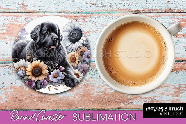 Newfoundland Round Coaster - Dog Mom Floral Coaster Sublimation Sublimation OrangeBrushStudio 