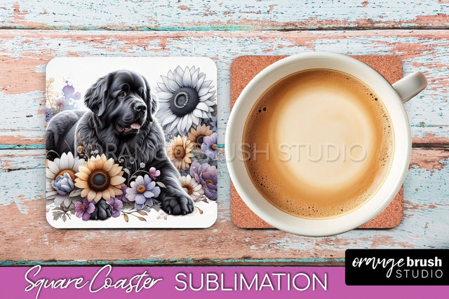 Newfoundland Square Coaster - Dog Mom Floral Coaster Sublimation Sublimation OrangeBrushStudio 