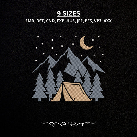 Night Camping Embroidery Design – Mountain Tent Pine Forest Moon Outdoor Adventure Machine Embroidery File Embroidery/Applique DESIGNS PatternFeed8 