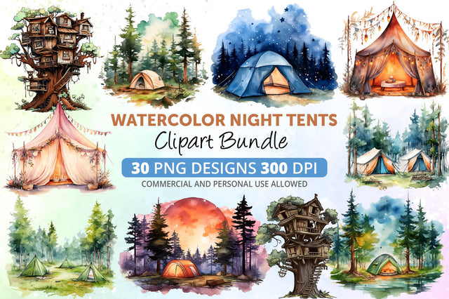 Night Tents Watercolor Clipart Bundle Sublimation Regulrcrative 