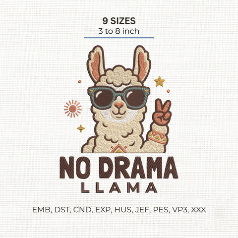 No Drama Llama Embroidery Design – Funny Llama Sunglasses Peace Sign Machine Embroidery File Embroidery/Applique DESIGNS PatternFeed8 