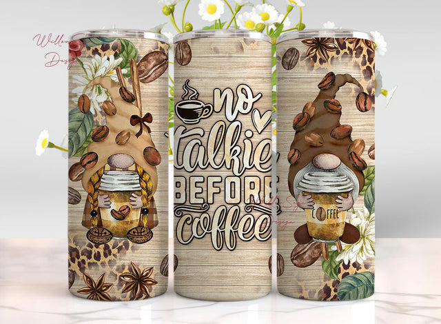No talkie before coffee with gnomies 20 oz skinny tumbler png, tumbler wrap png, 20 oz tumbler designs, tumbler png download Sublimation WillowSageDesign 