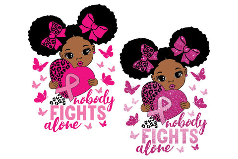 Nobody Fights Alone SVG PNG JPG PDF EPS DXF AI Breast Cancer Awareness Afro Girl with Pink Ribbon Heart and Leopard Print Bows SVG 1uniqueminute 