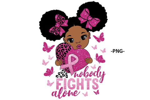 Nobody Fights Alone SVG PNG JPG PDF EPS DXF AI Breast Cancer Awareness Afro Girl with Pink Ribbon Heart and Leopard Print Bows SVG 1uniqueminute 