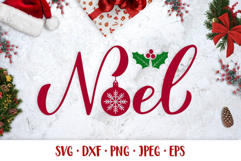 Noel hand lettered SVG with Christmas balls and holly berries SVG LaBelezoka 