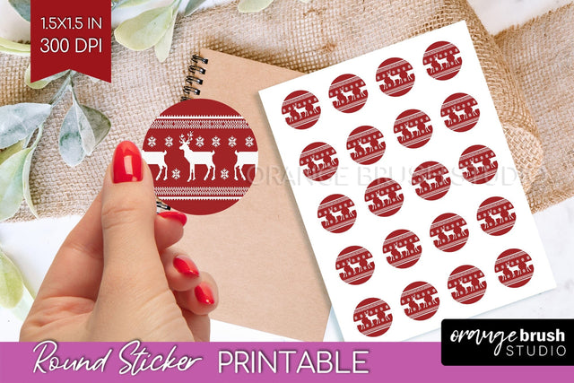 Nordic Christmas Round Sticker - Printable Sticker Sheet Sublimation OrangeBrushStudio 