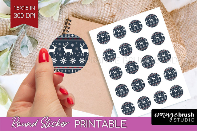 Nordic Christmas Round Sticker - Printable Sticker Sheet Sublimation OrangeBrushStudio 