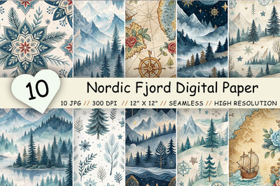 Nordic Fjord Digital Paper Pack, Seamless Watercolor Scandinavian Pattern Bundle, Printable Scrapbook Paper, Winter Coastal Design Collection Digital Pattern FloridPrintables 