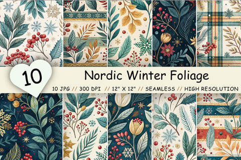 Nordic Winter Foliage Digital Paper, Seamless Watercolor Pattern Bundle, Printable Scrapbook Paper, Scandinavian Folk Design Collection Digital Pattern FloridPrintables 