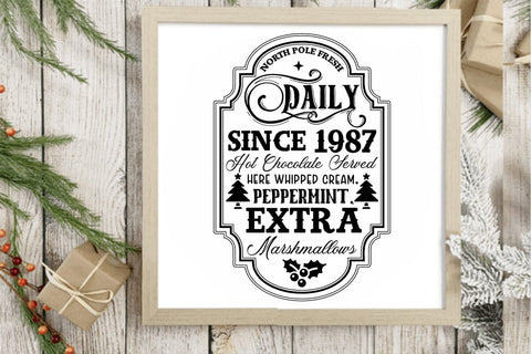 North pole fresh daily since 1987 hot chocolate served here whipped cream peppermint extra marshmallows SVG Angelina750 