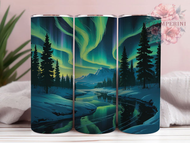 Northern Lights Alaska 20oz Tumbler, Alaska Tumbler Design, Evergreen Trees Tumbler, 20oz Skinny Tumbler, Nature Tumbler Wrap, Scenic Tumbler Design, Water and Trees Tumbler Sublimation Li Zamperini 