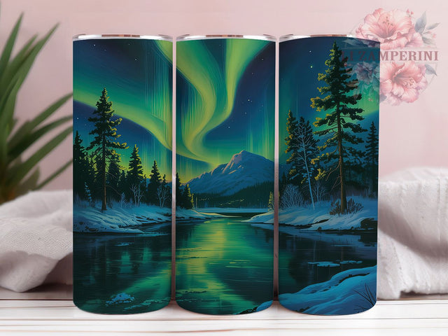 Northern Lights Alaska 20oz Tumbler, Alaska Tumbler Design, Evergreen Trees Tumbler, 20oz Skinny Tumbler, Nature Tumbler Wrap, Scenic Tumbler Design, Water and Trees Tumbler Sublimation Li Zamperini 