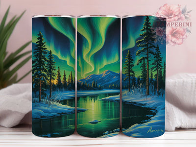 Northern Lights Alaska 20oz Tumbler, Alaska Tumbler Design, Evergreen Trees Tumbler, 20oz Skinny Tumbler, Nature Tumbler Wrap, Scenic Tumbler Design, Water and Trees Tumbler Sublimation Li Zamperini 